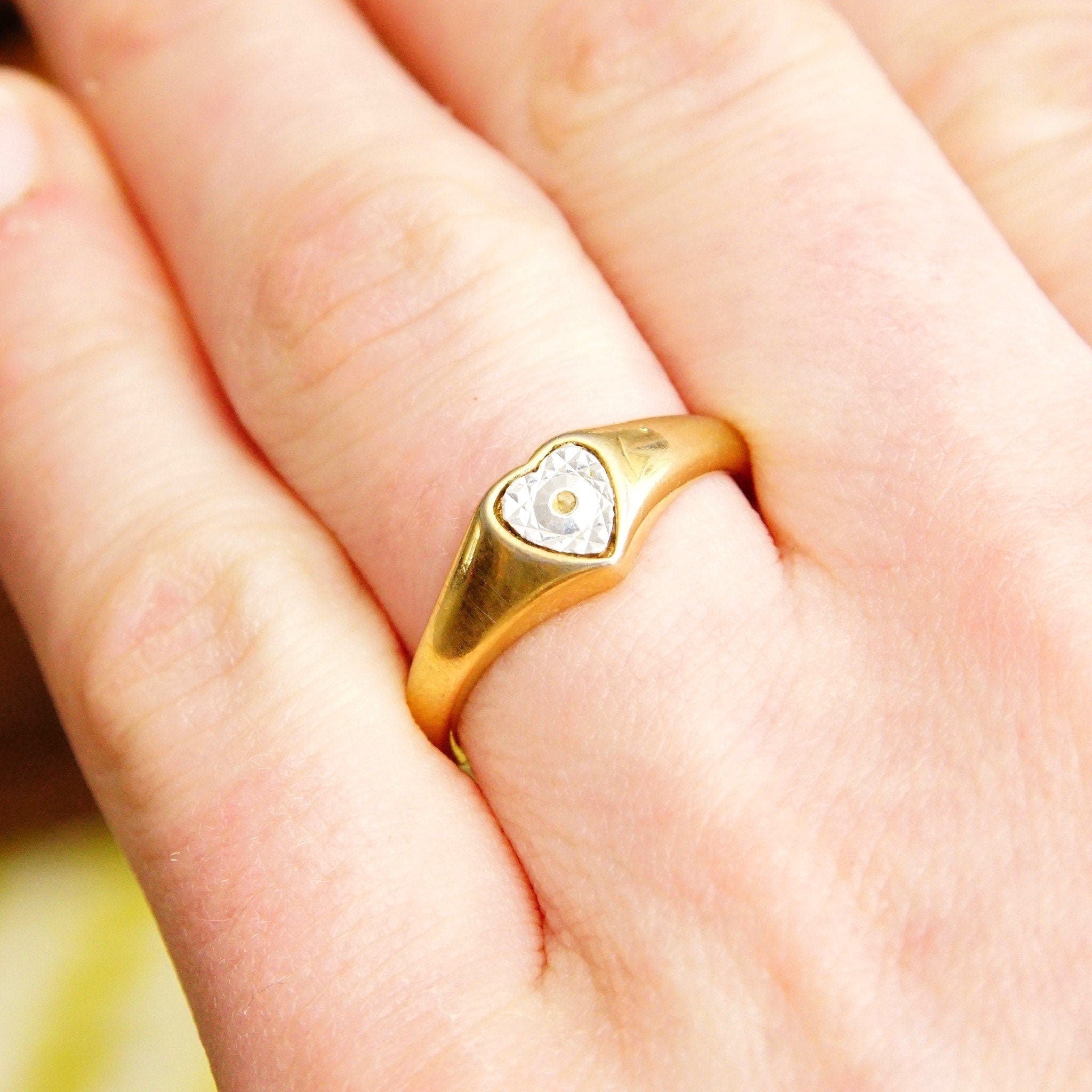 Vintage 18KGE Two-Tone Heart Ring, White-Gold Diamond-Cut Heart Inlay, Yellow Gold Band, Victorian Style, Illusions Setting, Size 8 3/4 US
