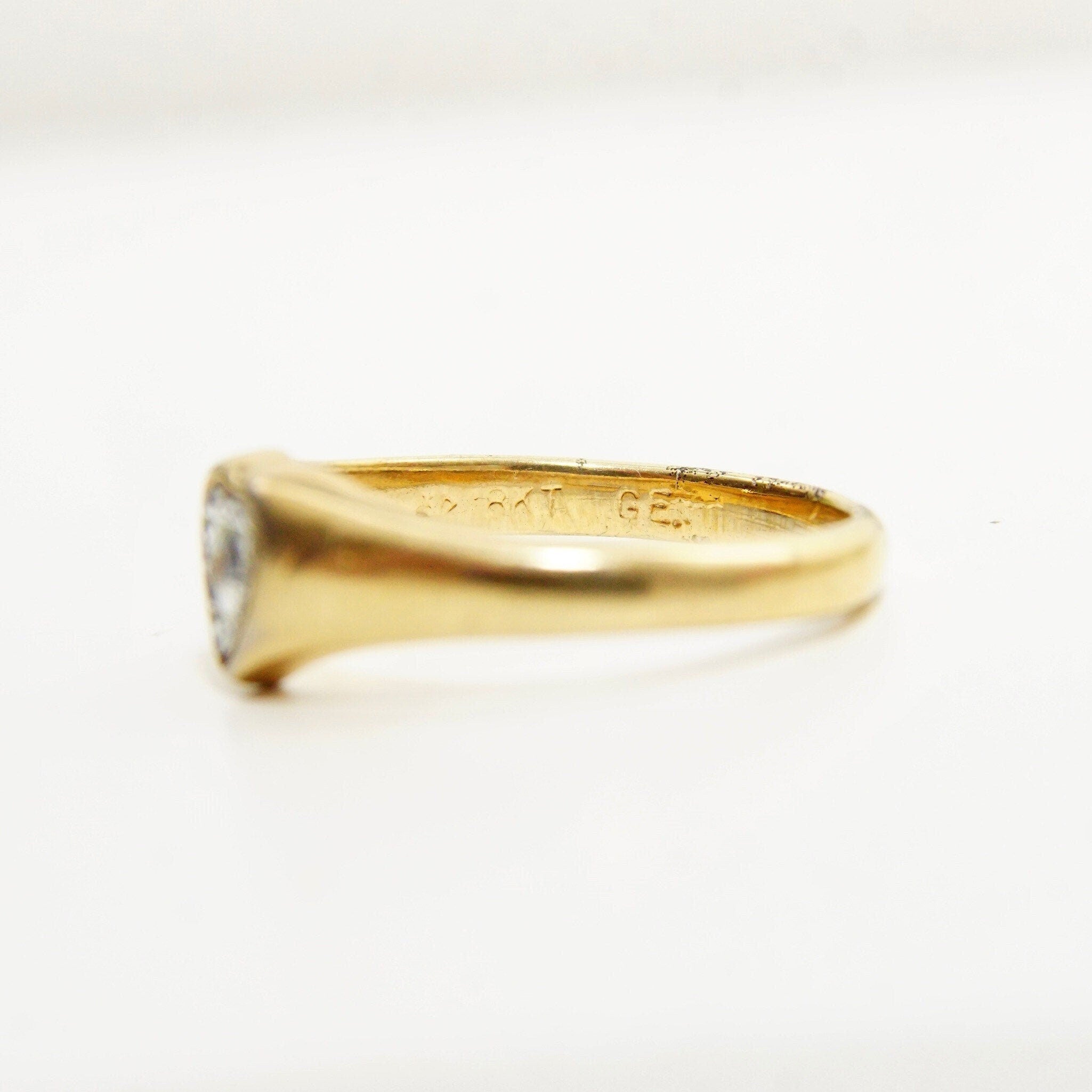 Vintage 18KGE Two-Tone Heart Ring, White-Gold Diamond-Cut Heart Inlay, Yellow Gold Band, Victorian Style, Illusions Setting, Size 8 3/4 US