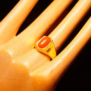 Vintage 22KT Gold Coral Cabochon Signet Ring, Lustrous Yellow Gold Ring, Polished Red Coral Stone, Handmade Indian Jewelry, Size 5 1/4 US
