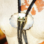 Vintage 1989 Signed Navajo Concho Bolo Tie, Hammered Silver Slide Clasp, Braided Black Leather, Silver Aglets, Native American Old Pawn