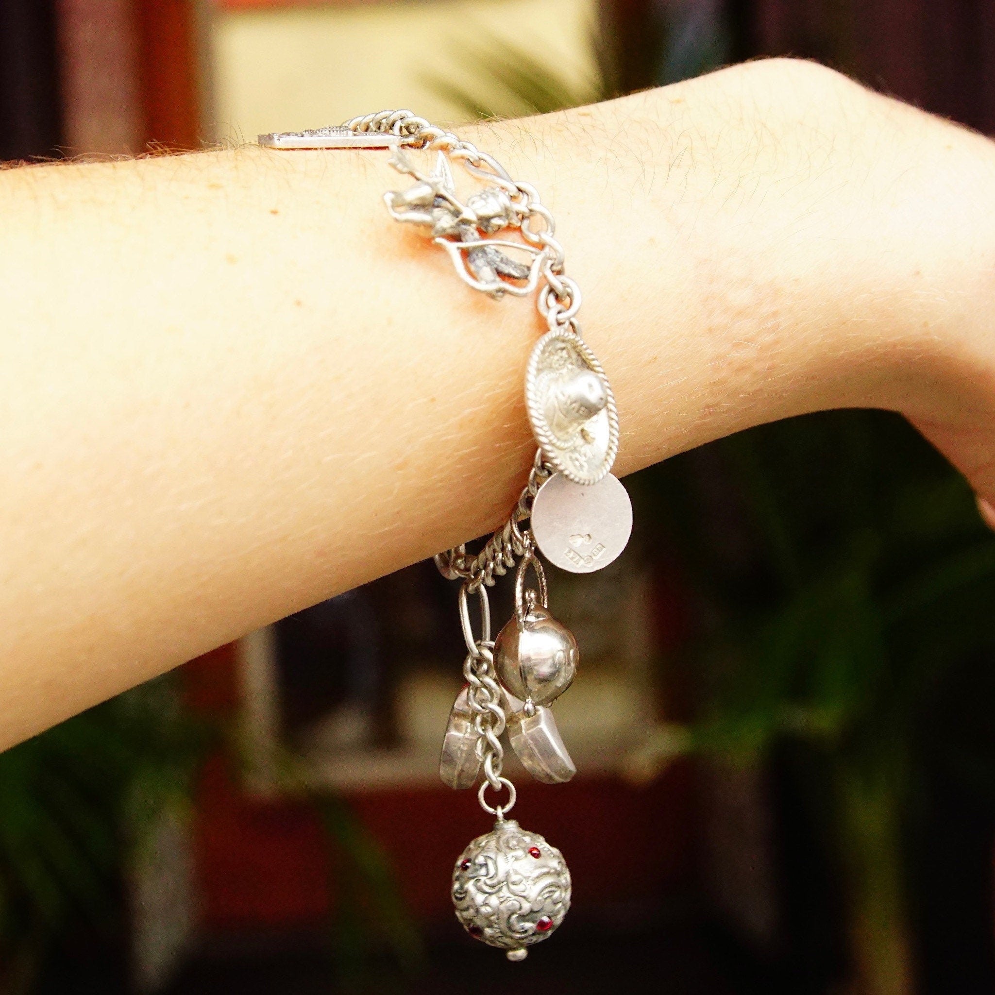 Vintage 900 Silver Charm Bracelet, Eclectic Mix Of Sterling Silver Charms, 4mm Figaro Chain Bracelet, Accent Blue Enamel Charm, 7 L