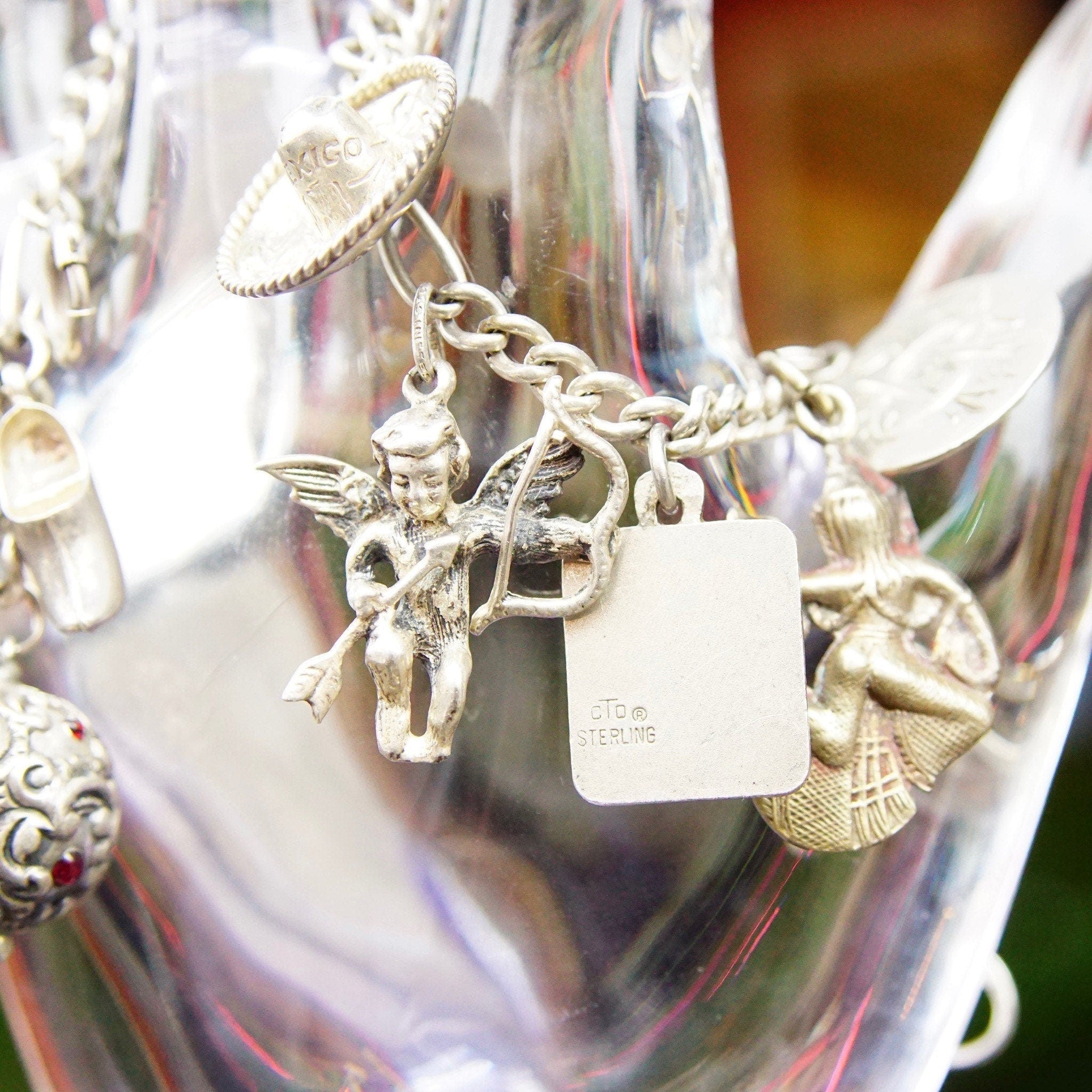 Vintage 900 Silver Charm Bracelet, Eclectic Mix Of Sterling Silver Charms, 4mm Figaro Chain Bracelet, Accent Blue Enamel Charm, 7 L