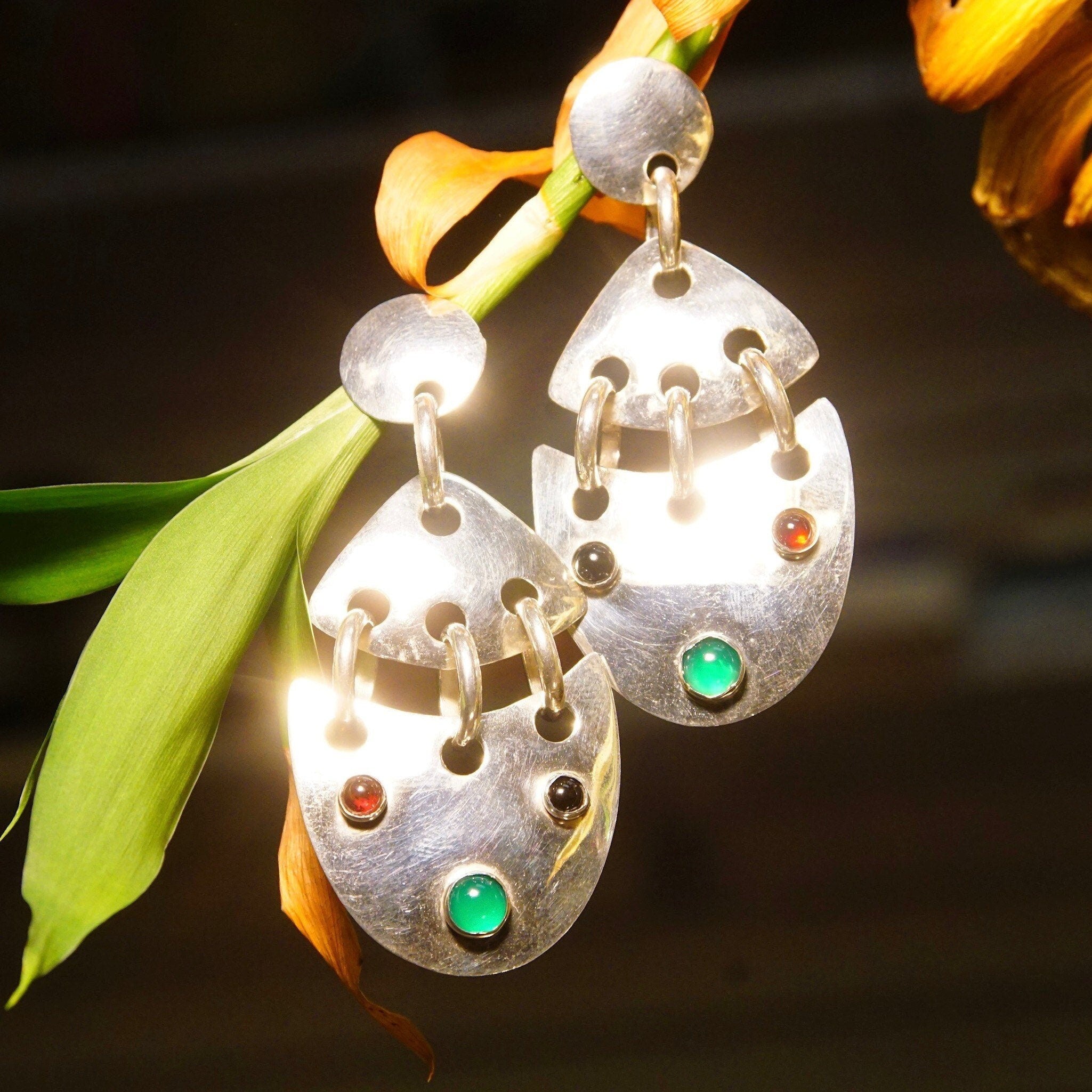 Vintage Abstract Modernist Jeweled Sterling Silver Pierced Dangle Earrings, Multi-Color Gemstones, Eccentric 925 Jewelry, 2 3/4 L
