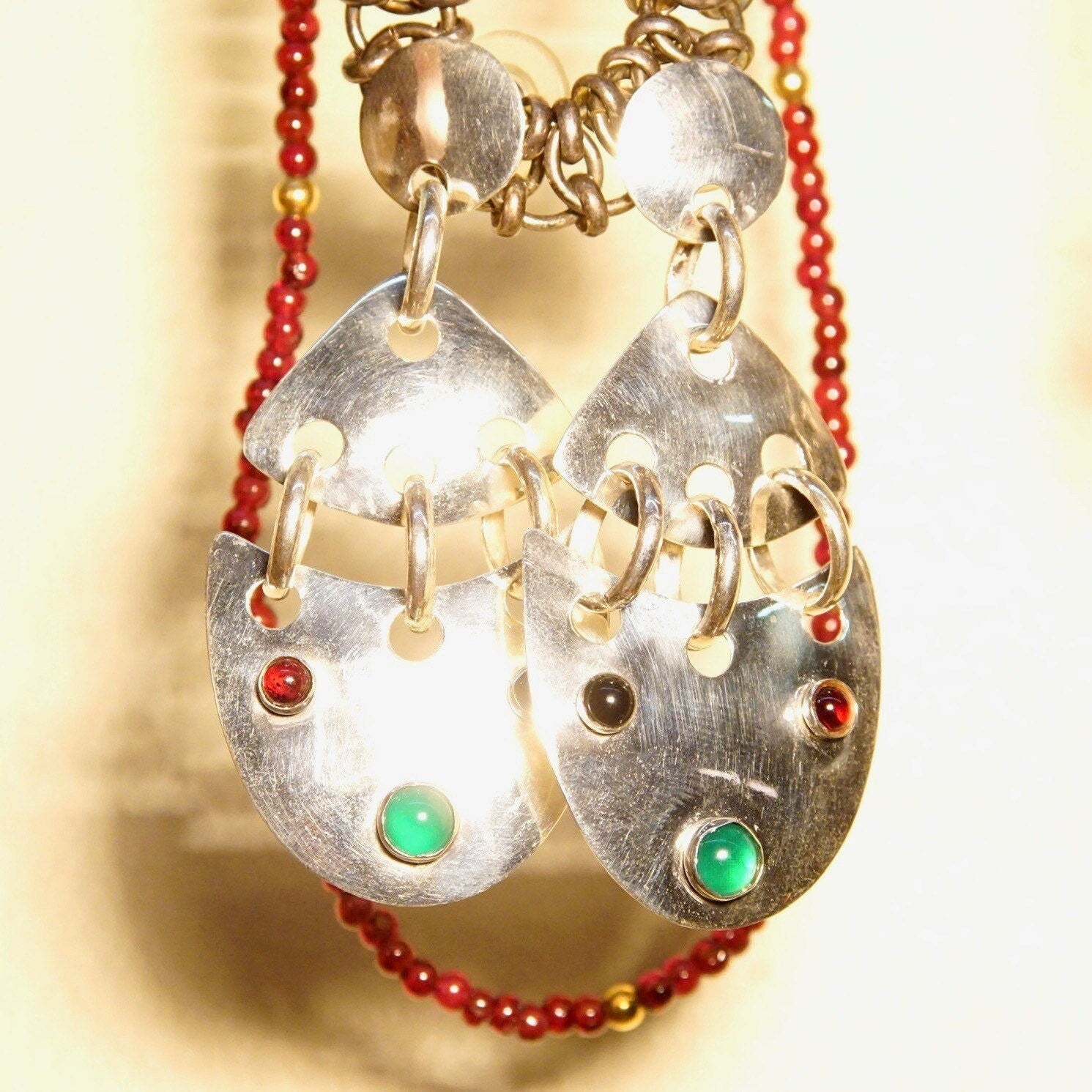 Vintage Abstract Modernist Jeweled Sterling Silver Pierced Dangle Earrings, Multi-Color Gemstones, Eccentric 925 Jewelry, 2 3/4 L