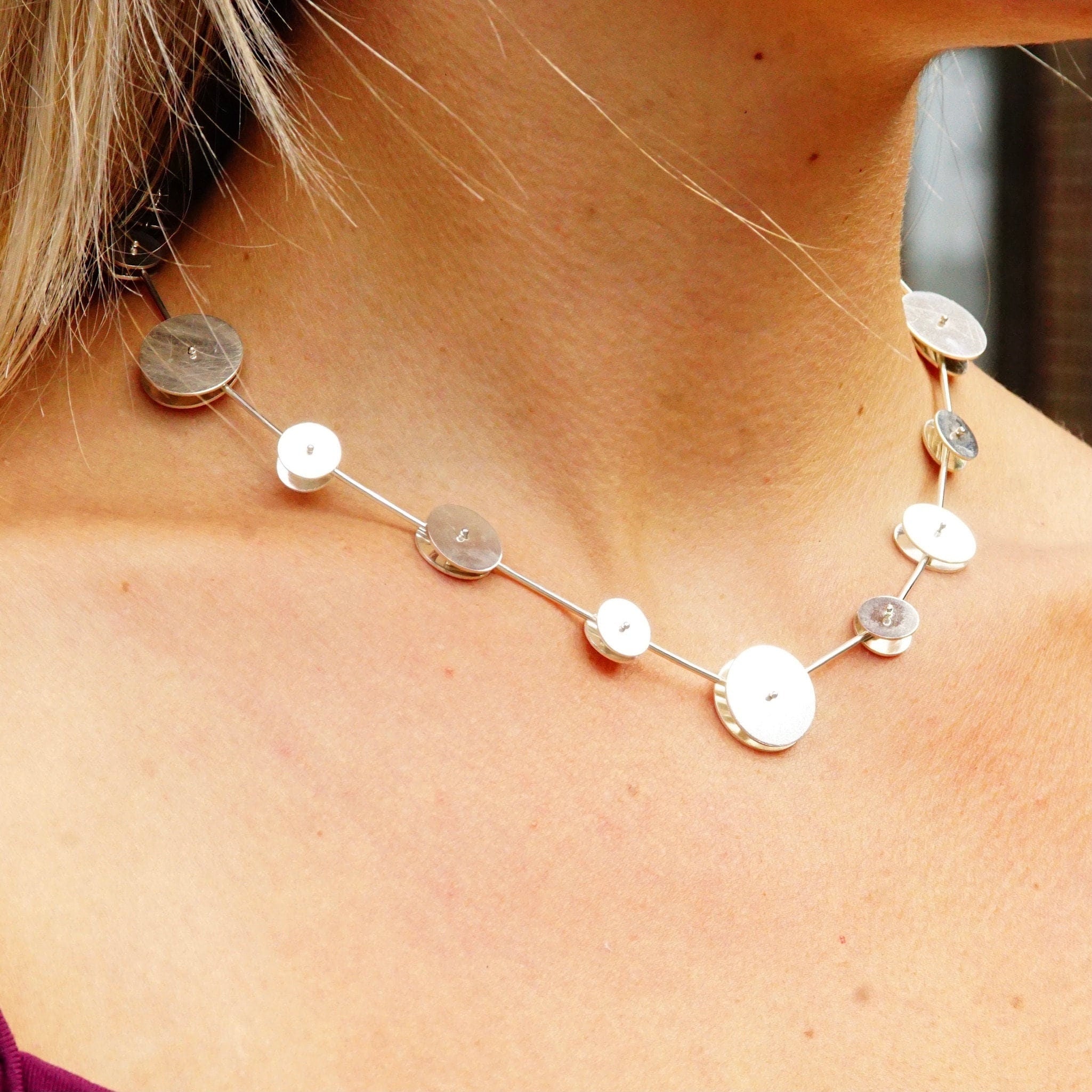Vintage Abstract Modernist Sterling Silver Articulated Disc Choker Necklace, One Of One, Experimental Jewelry, Nina Dinoff, 17" Long