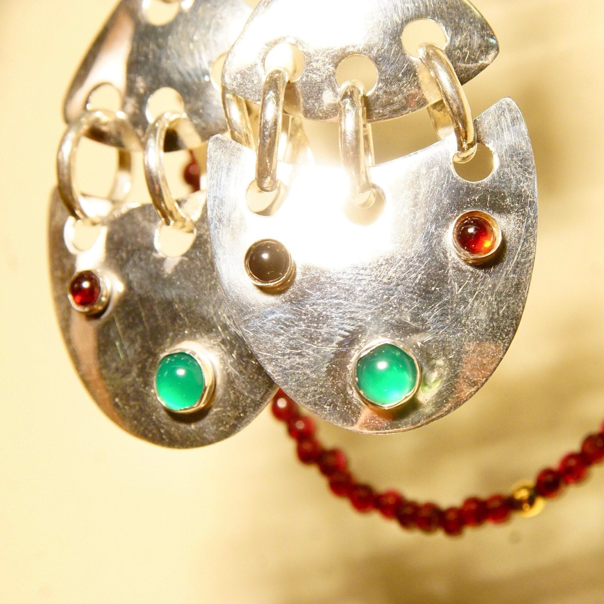 Vintage Abstract Modernist Jeweled Sterling Silver Pierced Dangle Earrings, Multi-Color Gemstones, Eccentric 925 Jewelry, 2 3/4 L