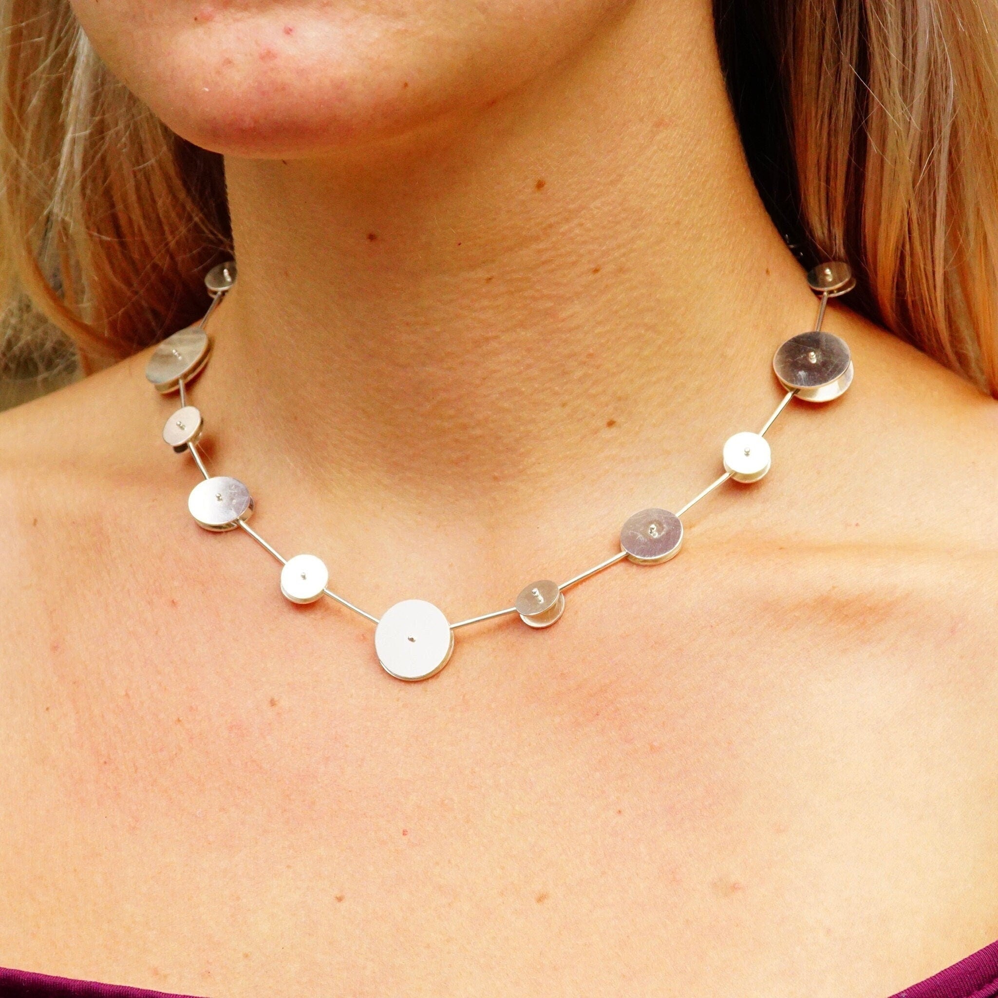 Vintage Abstract Modernist Sterling Silver Articulated Disc Choker Necklace, One Of One, Experimental Jewelry, Nina Dinoff, 17" Long