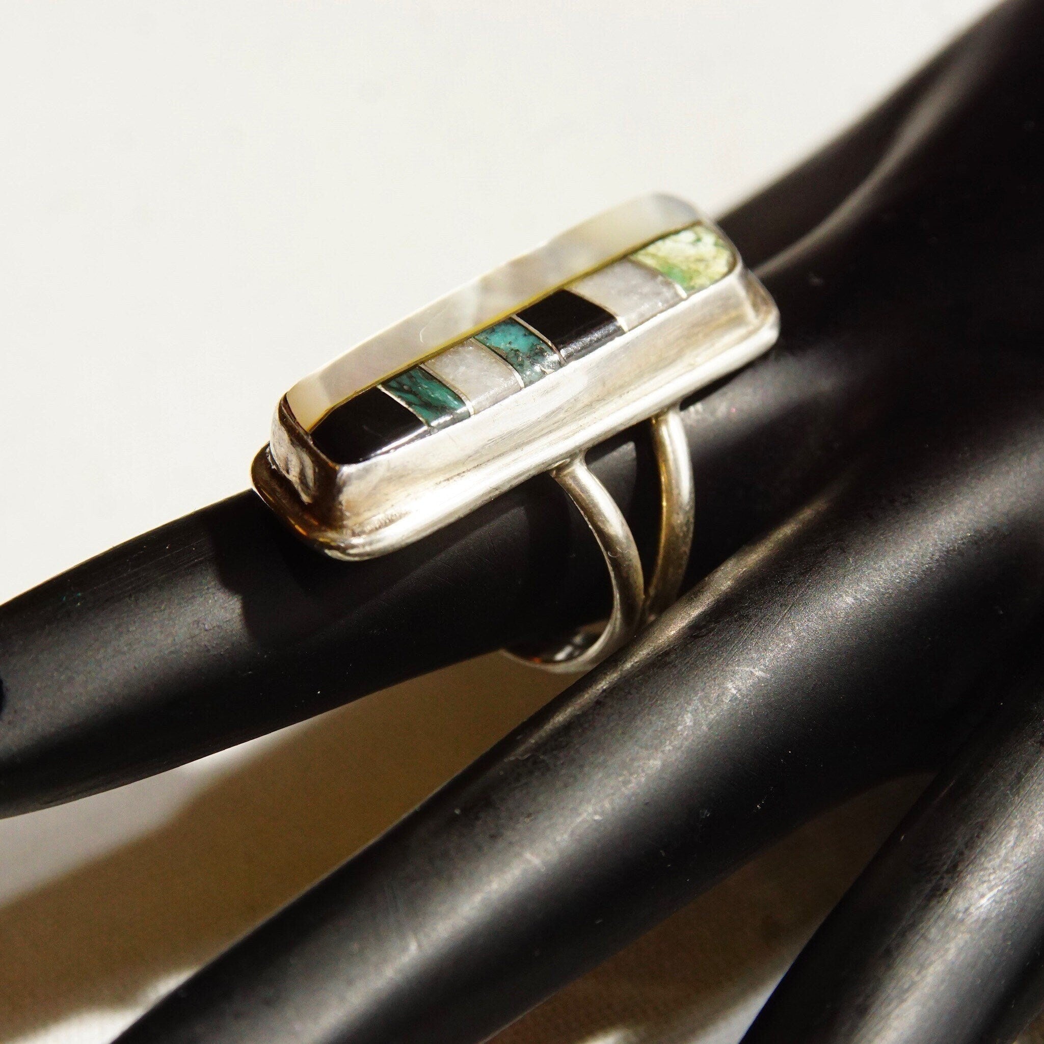 Vintage Abstract Modernist Sterling Silver Multi-Stone Inlay Ring, Long Finger Ring, Mother Of Pearl, Iridescent Gemstones, Size 6 1/2 US