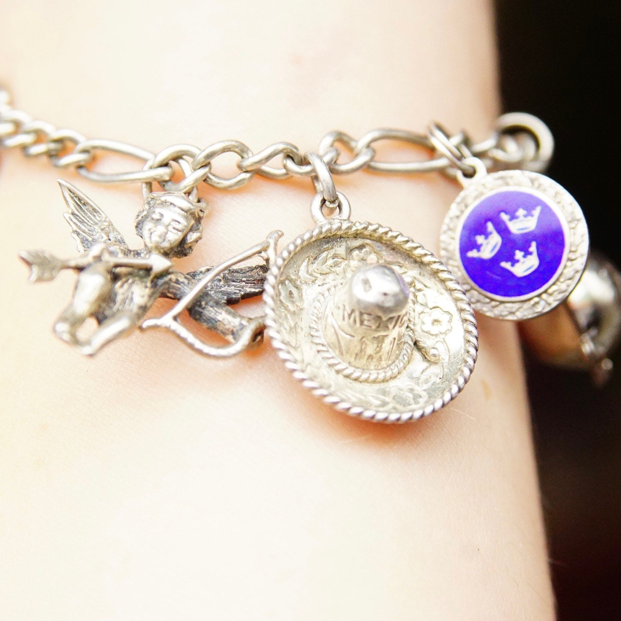 Vintage 900 Silver Charm Bracelet, Eclectic Mix Of Sterling Silver Charms, 4mm Figaro Chain Bracelet, Accent Blue Enamel Charm, 7 L