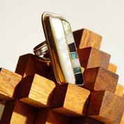 Vintage Abstract Modernist Sterling Silver Multi-Stone Inlay Ring, Long Finger Ring, Mother Of Pearl, Iridescent Gemstones, Size 6 1/2 US