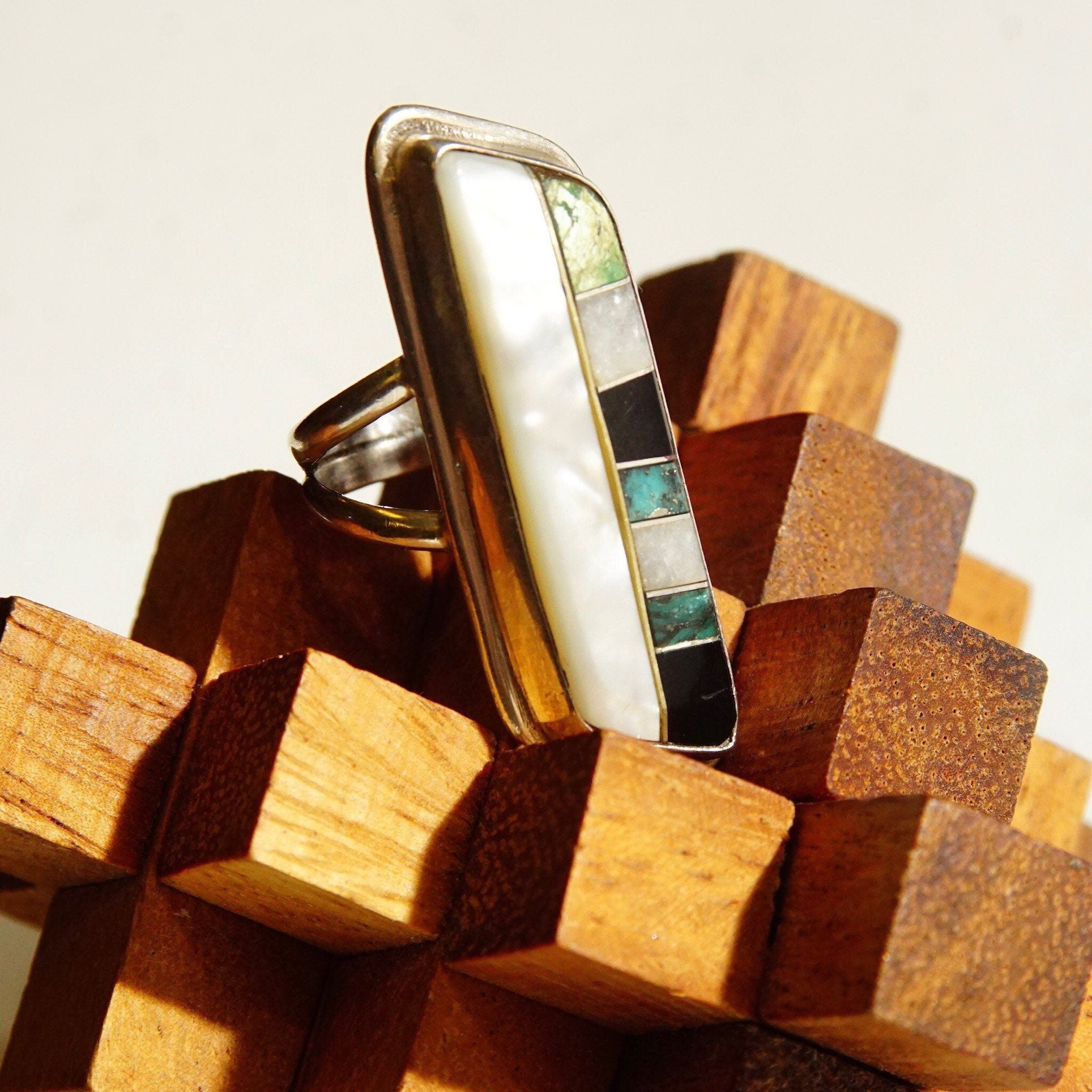 Vintage Abstract Modernist Sterling Silver Multi-Stone Inlay Ring, Long Finger Ring, Mother Of Pearl, Iridescent Gemstones, Size 6 1/2 US