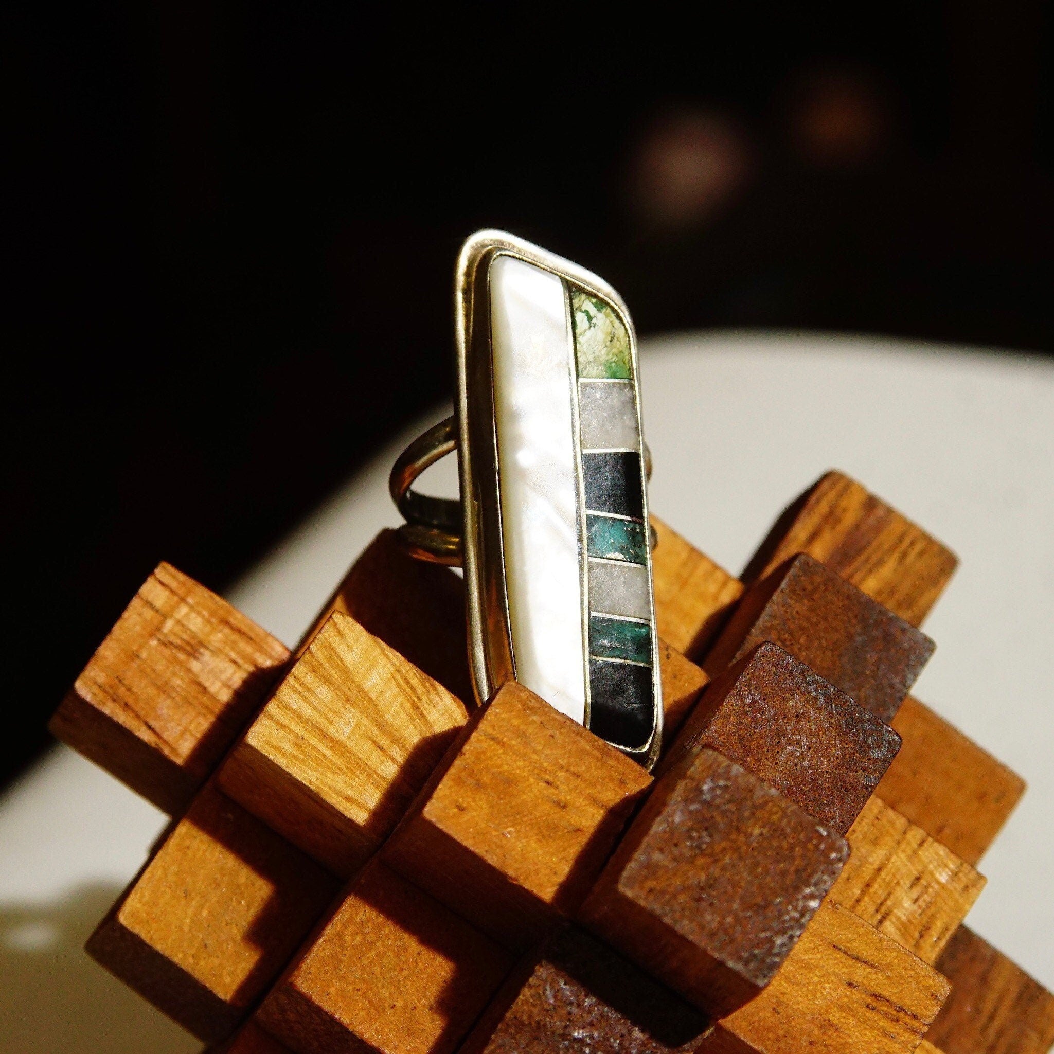 Vintage Abstract Modernist Sterling Silver Multi-Stone Inlay Ring, Long Finger Ring, Mother Of Pearl, Iridescent Gemstones, Size 6 1/2 US