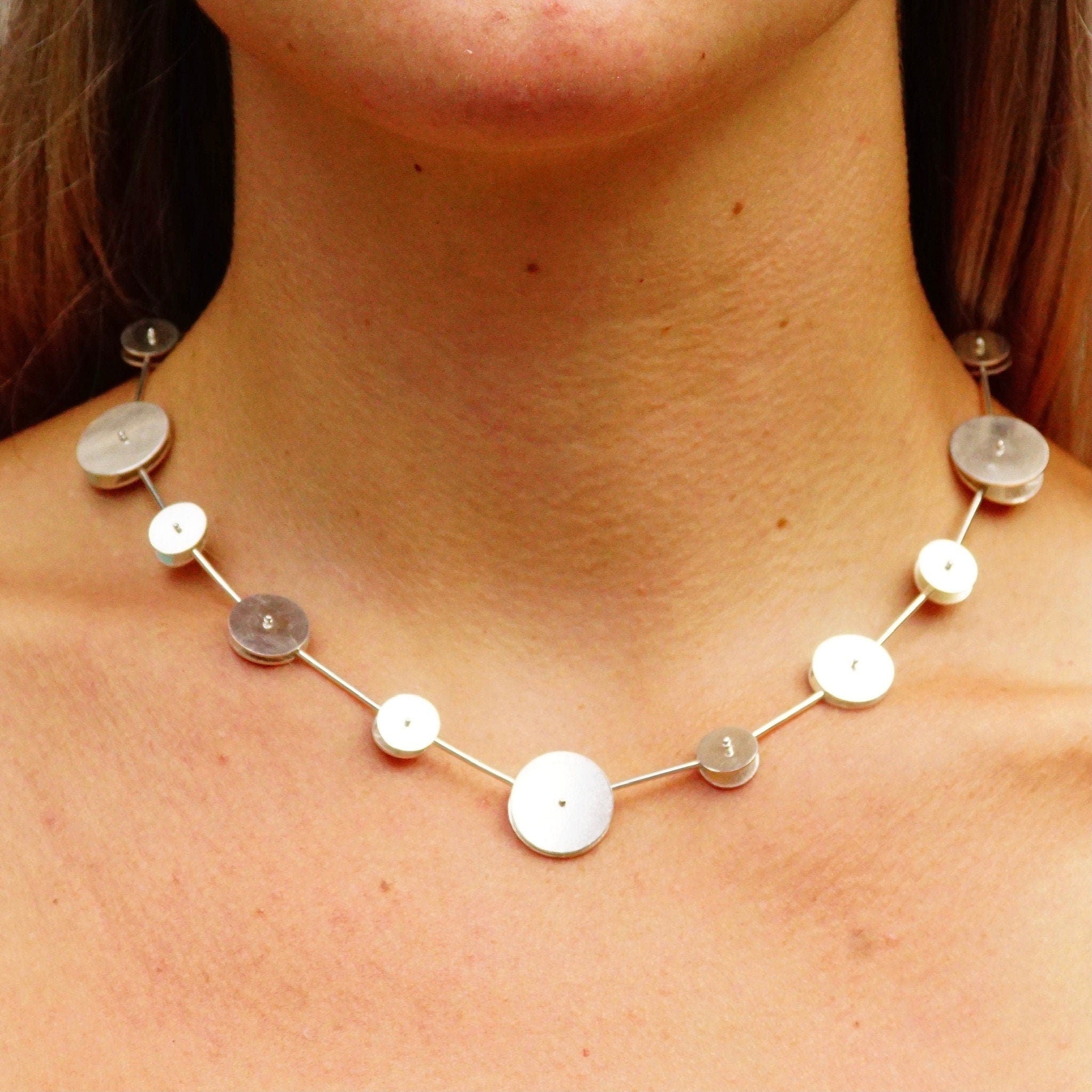 Vintage Abstract Modernist Sterling Silver Articulated Disc Choker Necklace, One Of One, Experimental Jewelry, Nina Dinoff, 17" Long