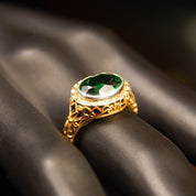Vintage Art Deco 14K Gold Chrome Tourmaline Cocktail Ring, Yellow Gold Filigree, White Gold Bezel Setting, Oval-Cut Gemstone, Size 6 1/4 US