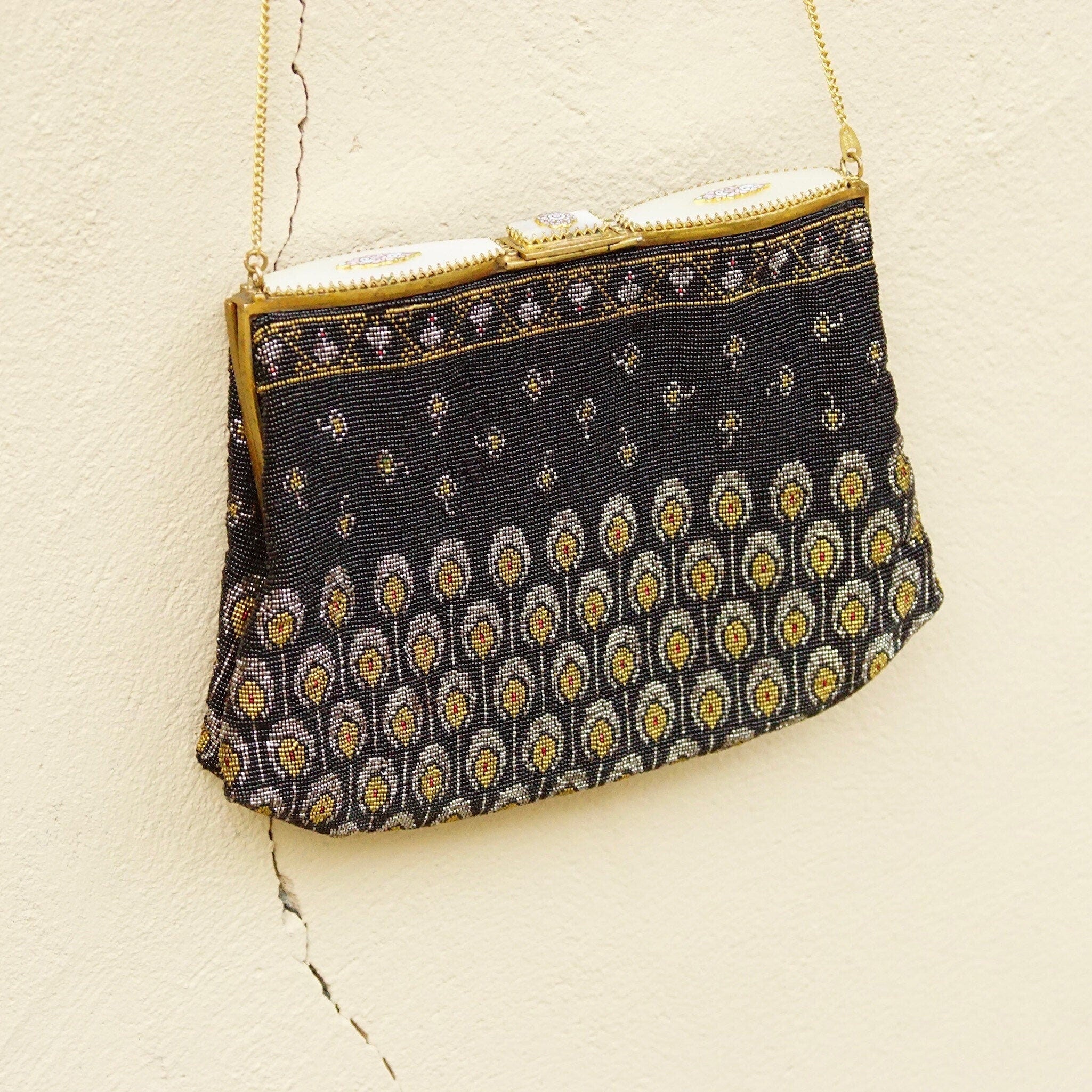 Vintage Art Deco Patterned Bead Evening Bag, Enameled Mother Of Pearl & Marcasite, Brass Hardware, Black Silk Lining, No Purse Chain, 6" L