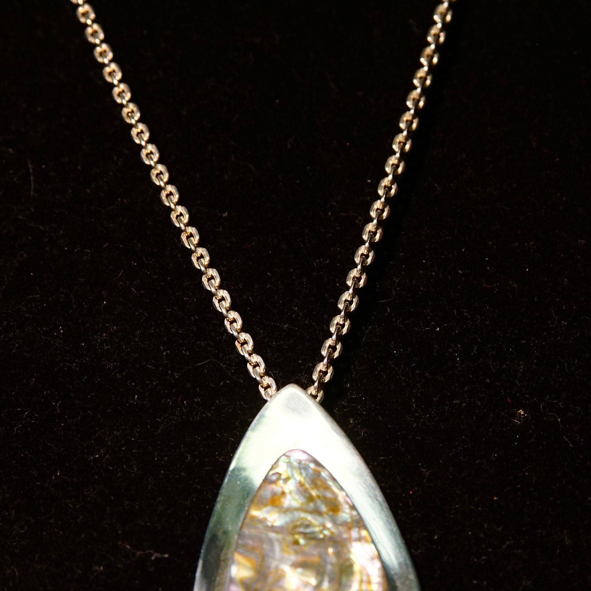 Vintage Arne Johnson 925 Denmark Abalone Shell Pendant Necklace, Abstract Modernist Sterling Silver Pendant, 3mm Cable Chain, 23 3/4" L
