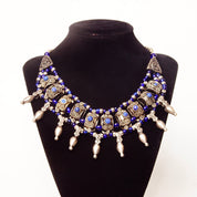 Vintage Bohemian Silver & Blue Glass Bead Bib Necklace, Ornate Silver Links Set With Blue Stone Cabochon, Floral/Woven Accents, 18 1/2" L