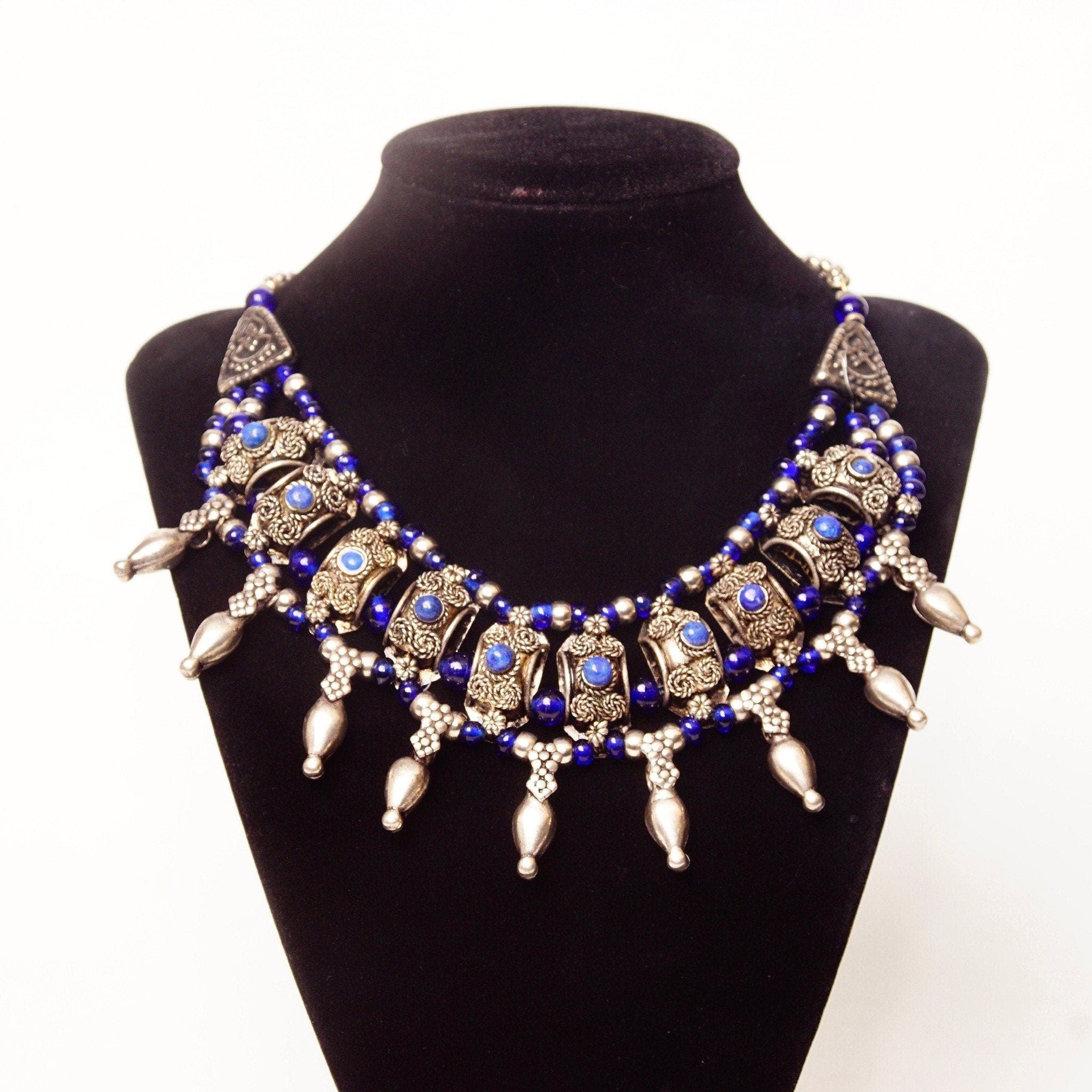 Vintage Bohemian Silver & Blue Glass Bead Bib Necklace, Ornate Silver Links Set With Blue Stone Cabochon, Floral/Woven Accents, 18 1/2" L