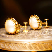Vintage Art Deco 14K Gold Crown Pearl Earrings, 13mm Pearl Cabochon, Round Gold Ribbon Setting, 585 Hinged Screw Backs, 15mm
