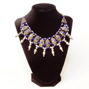 Vintage Bohemian Silver & Blue Glass Bead Bib Necklace, Ornate Silver Links Set With Blue Stone Cabochon, Floral/Woven Accents, 18 1/2" L