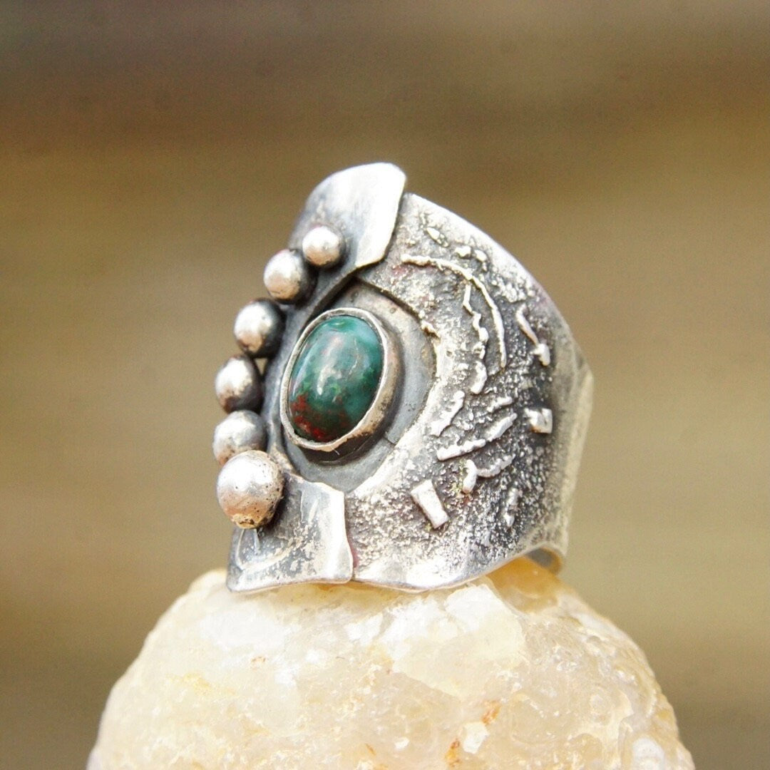 Vintage Brutalist Sterling Silver Gemstone Ring, Abstract Brushed Ring With Gemstone & Accent Silver Beads, Artisan Jewelry, Size 7 US