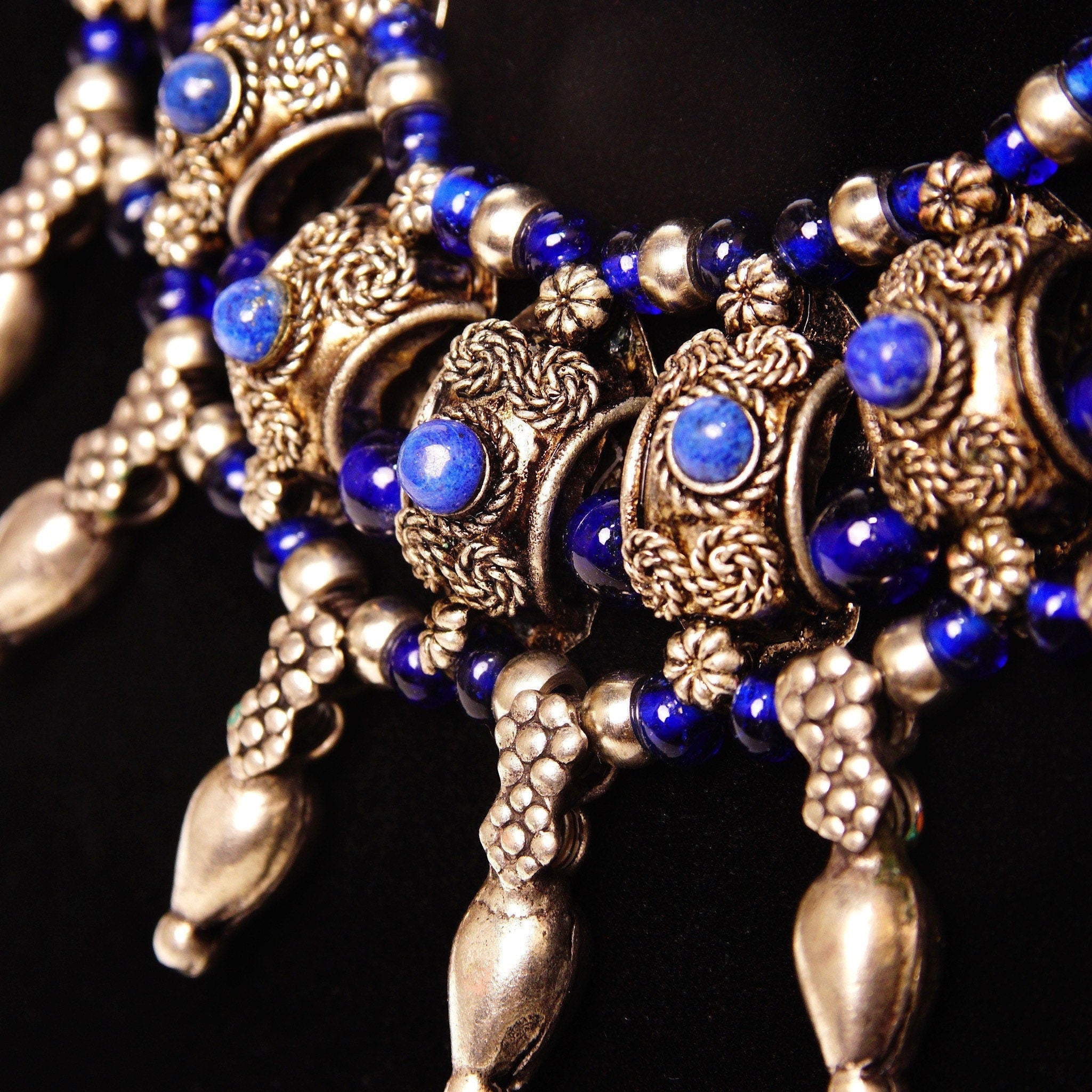 Vintage Bohemian Silver & Blue Glass Bead Bib Necklace, Ornate Silver Links Set With Blue Stone Cabochon, Floral/Woven Accents, 18 1/2" L