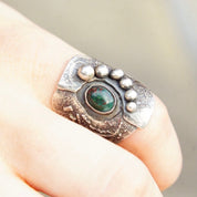 Vintage Brutalist Sterling Silver Gemstone Ring, Abstract Brushed Ring With Gemstone & Accent Silver Beads, Artisan Jewelry, Size 7 US
