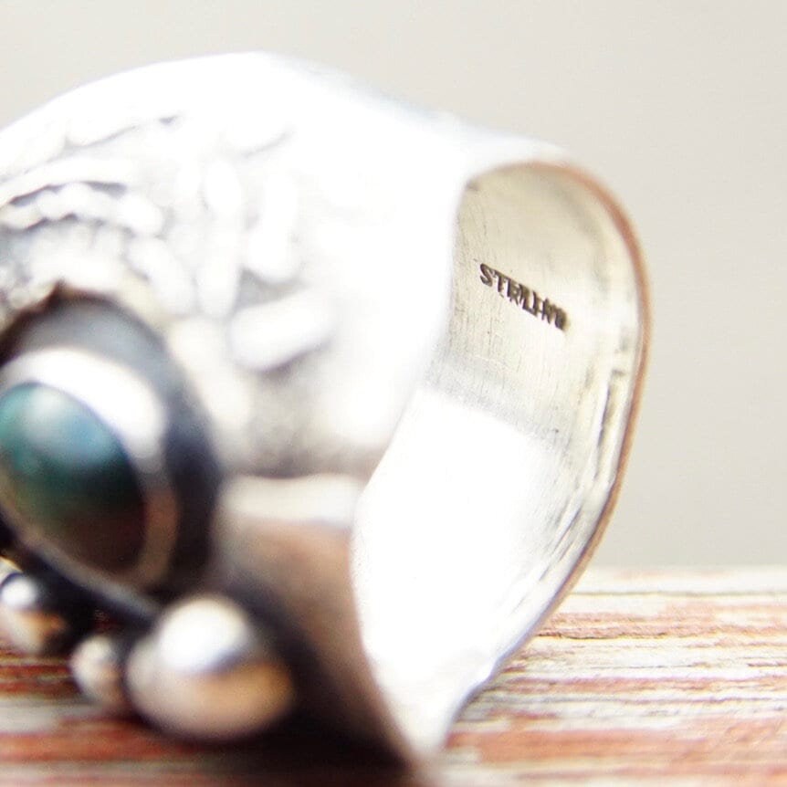 Vintage Brutalist Sterling Silver Gemstone Ring, Abstract Brushed Ring With Gemstone & Accent Silver Beads, Artisan Jewelry, Size 7 US