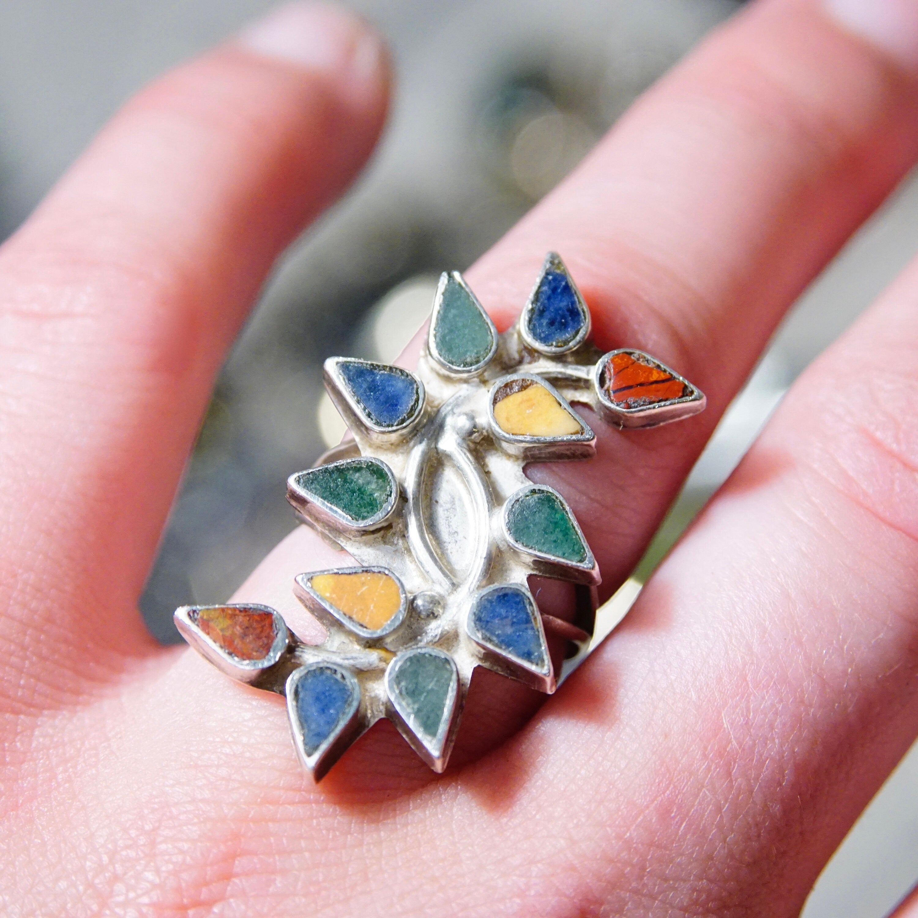 Vintage Colorful Multi-Stone Sterling Silver Ring, Malachite, Lapis, Red Jasper, Yellow Stone Inlaid Ring, Teardrop Setting, Size 7.5 US
