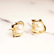 Vintage Classic 14K Gold Pearl Diamond Accent Stud Earrings, Yellow Gold Ribbon Wreath Setting, 2-Diamond Accent, Natural Round Pearls, 585