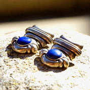 Vintage Chunky Sterling Silver Lapis Lazuli Dangle Earrings, Hinged Silver Stud Earrings, Cobalt Blue Gemstone, Statement Earrings, 1 1/4" L