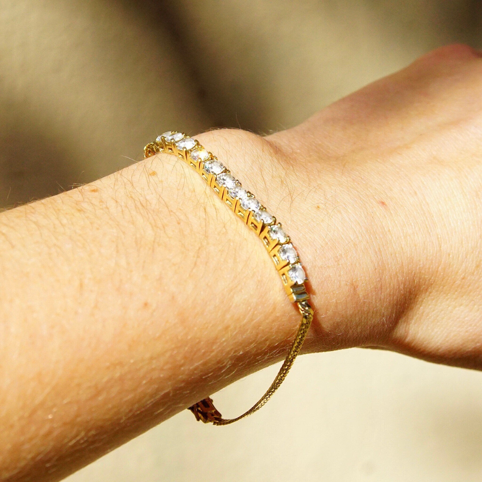 Vintage Gold Plated Sterling Silver Cubic Zirconia Diamond Bar Bracelet, 2.5mm Herringbone Chain, 12 Brilliant CZ Diamonds, 7 1/8" Long