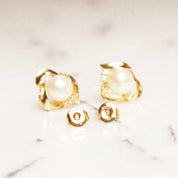 Vintage Classic 14K Gold Pearl Diamond Accent Stud Earrings, Yellow Gold Ribbon Wreath Setting, 2-Diamond Accent, Natural Round Pearls, 585