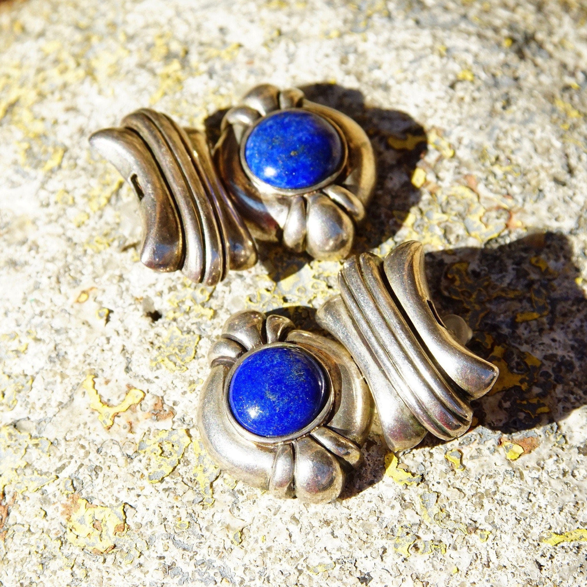 Vintage Chunky Sterling Silver Lapis Lazuli Dangle Earrings, Hinged Silver Stud Earrings, Cobalt Blue Gemstone, Statement Earrings, 1 1/4" L