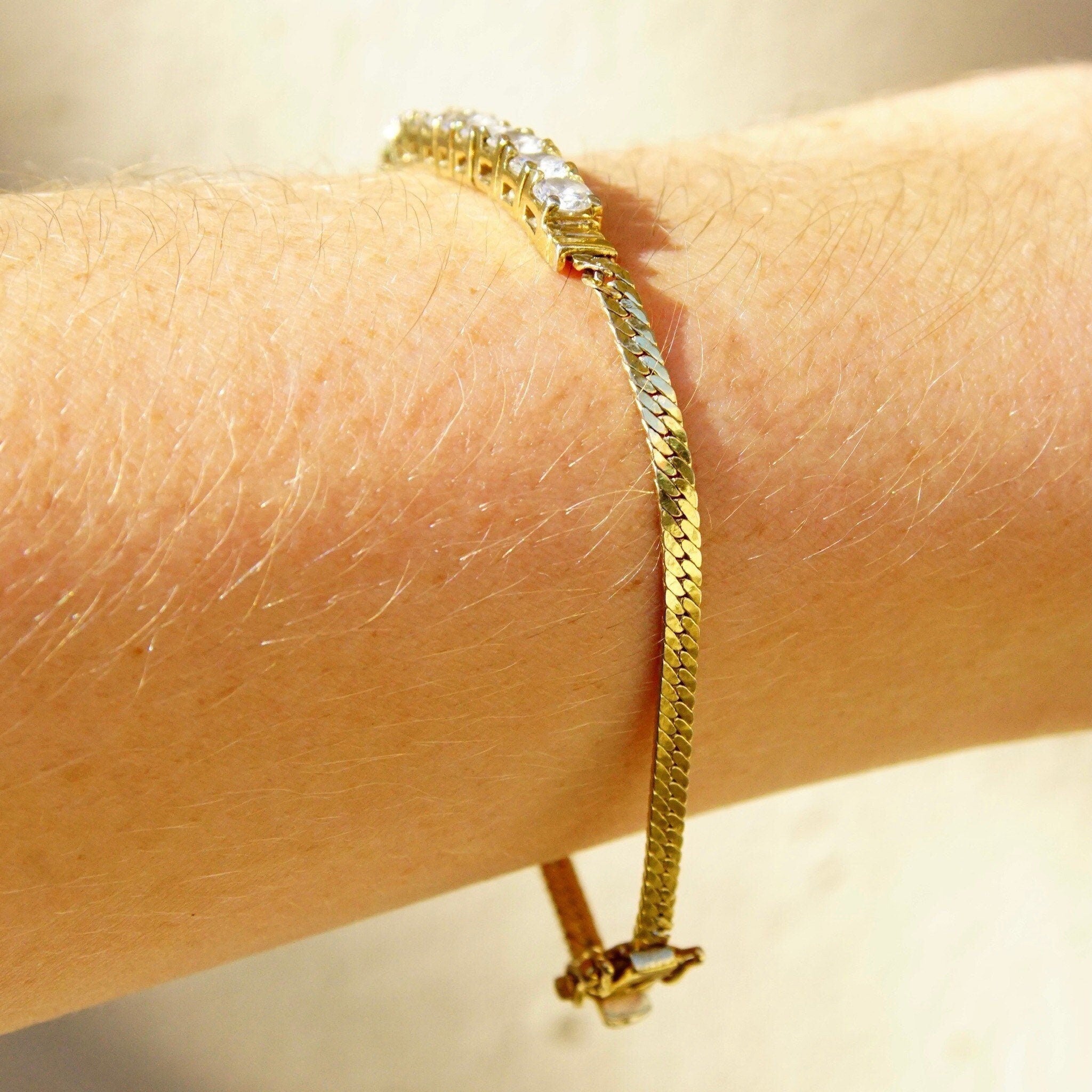 Vintage Gold Plated Sterling Silver Cubic Zirconia Diamond Bar Bracelet, 2.5mm Herringbone Chain, 12 Brilliant CZ Diamonds, 7 1/8" Long