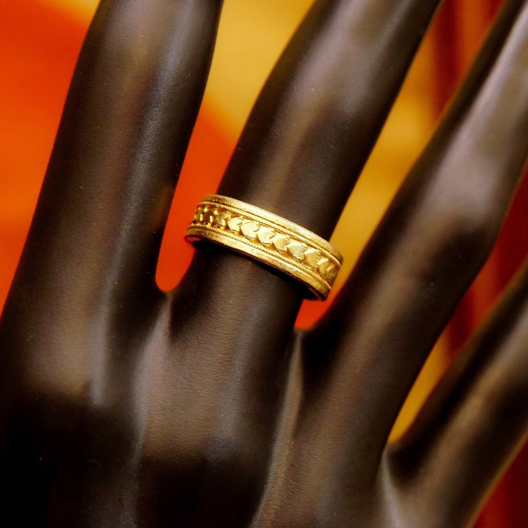 Vintage Hallmarked 14K GF Chased Heart Eternity Band, 6mm Engraved Yellow Gold Band, Stacking Ring, Wedding Band, Size 6 US