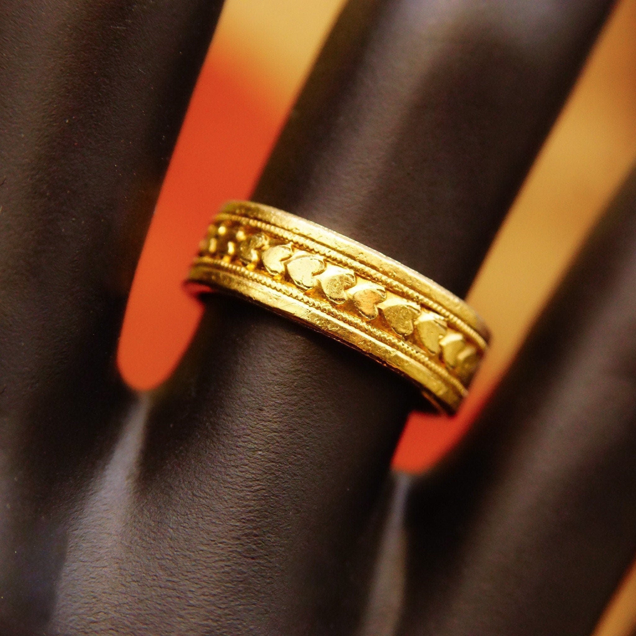 Vintage Hallmarked 14K GF Chased Heart Eternity Band, 6mm Engraved Yellow Gold Band, Stacking Ring, Wedding Band, Size 6 US