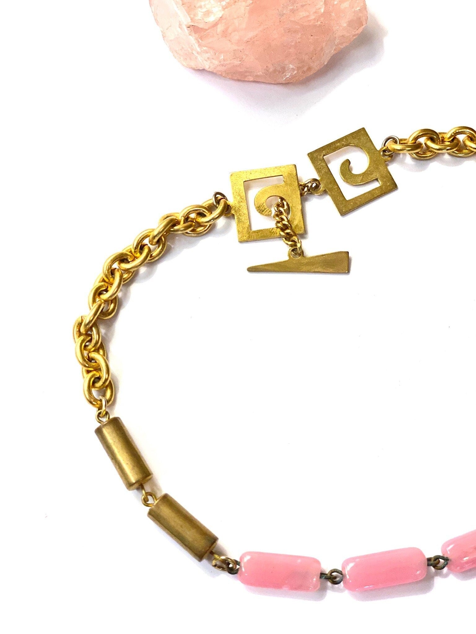 Vintage Gold Toned Choker With Pink Glass Beads, Abstract Clasp Detail, Retro Thick Gold Toned Chain With Glass Beads