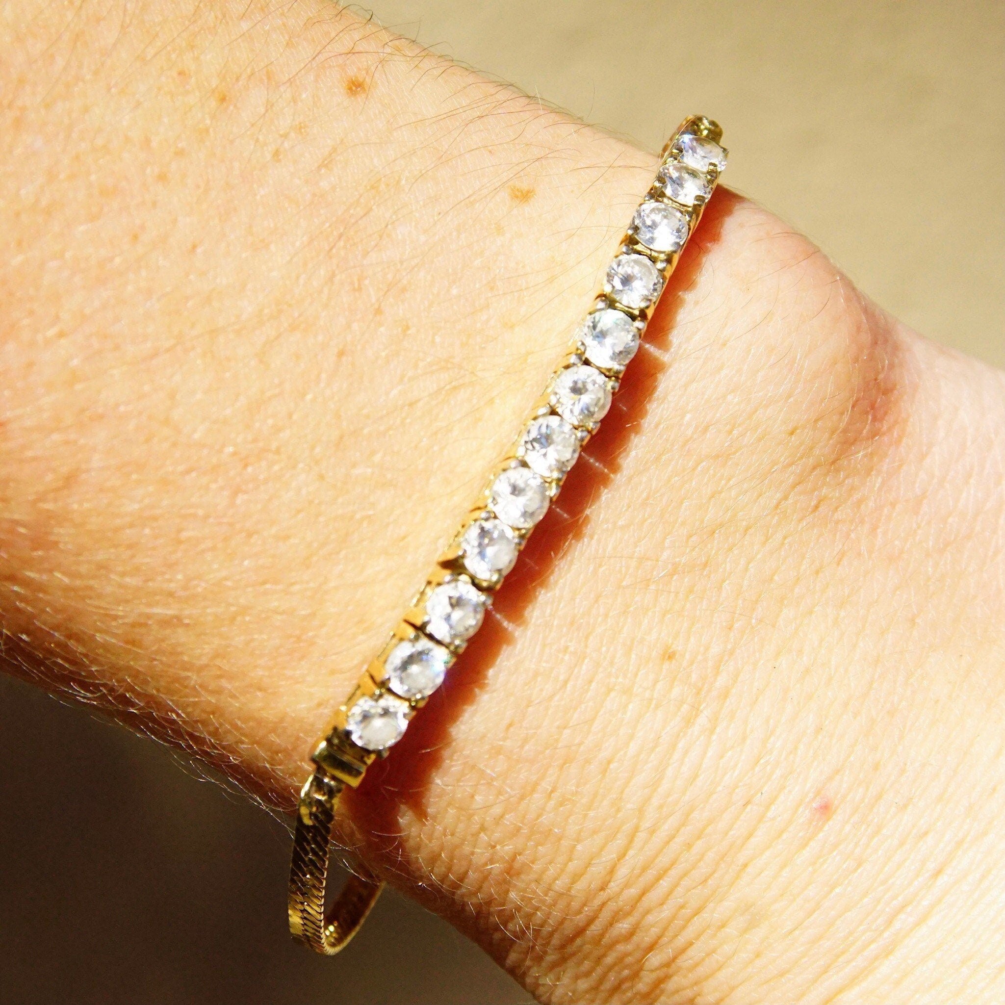 Vintage Gold Plated Sterling Silver Cubic Zirconia Diamond Bar Bracelet, 2.5mm Herringbone Chain, 12 Brilliant CZ Diamonds, 7 1/8" Long