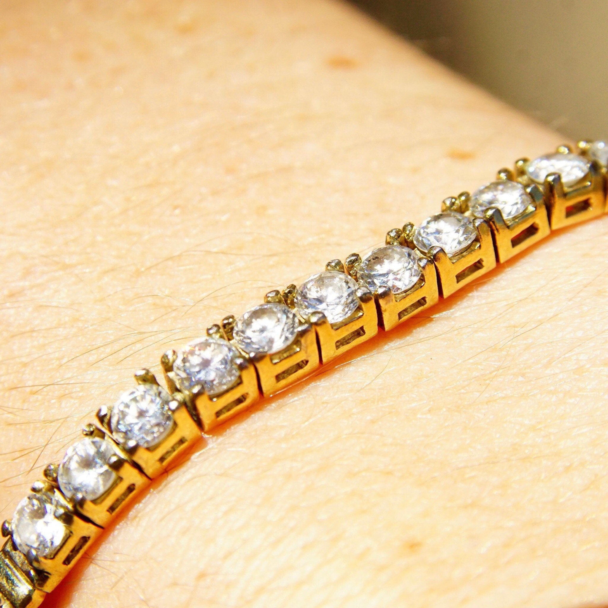 Vintage Gold Plated Sterling Silver Cubic Zirconia Diamond Bar Bracelet, 2.5mm Herringbone Chain, 12 Brilliant CZ Diamonds, 7 1/8" Long