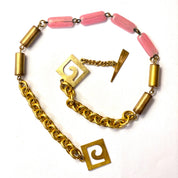 Vintage Gold Toned Choker With Pink Glass Beads, Abstract Clasp Detail, Retro Thick Gold Toned Chain With Glass Beads