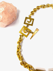 Vintage Gold Toned Choker With Pink Glass Beads, Abstract Clasp Detail, Retro Thick Gold Toned Chain With Glass Beads