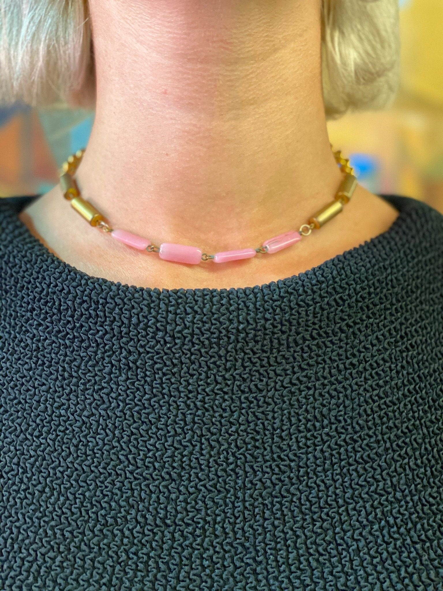 Vintage Gold Toned Choker With Pink Glass Beads, Abstract Clasp Detail, Retro Thick Gold Toned Chain With Glass Beads