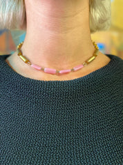 Vintage Gold Toned Choker With Pink Glass Beads, Abstract Clasp Detail, Retro Thick Gold Toned Chain With Glass Beads
