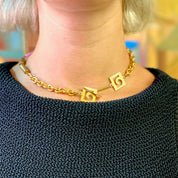 Vintage Gold Toned Choker With Pink Glass Beads, Abstract Clasp Detail, Retro Thick Gold Toned Chain With Glass Beads