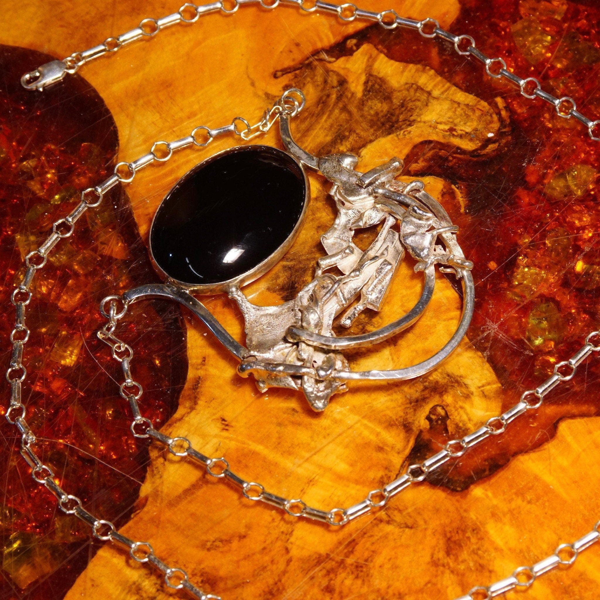 Vintage Hallmarked Toni Sterling Brutalist Black Stone Cabochon Pendant Necklace, Organic Silver Embellishments, Silver Link Chain, 30" L