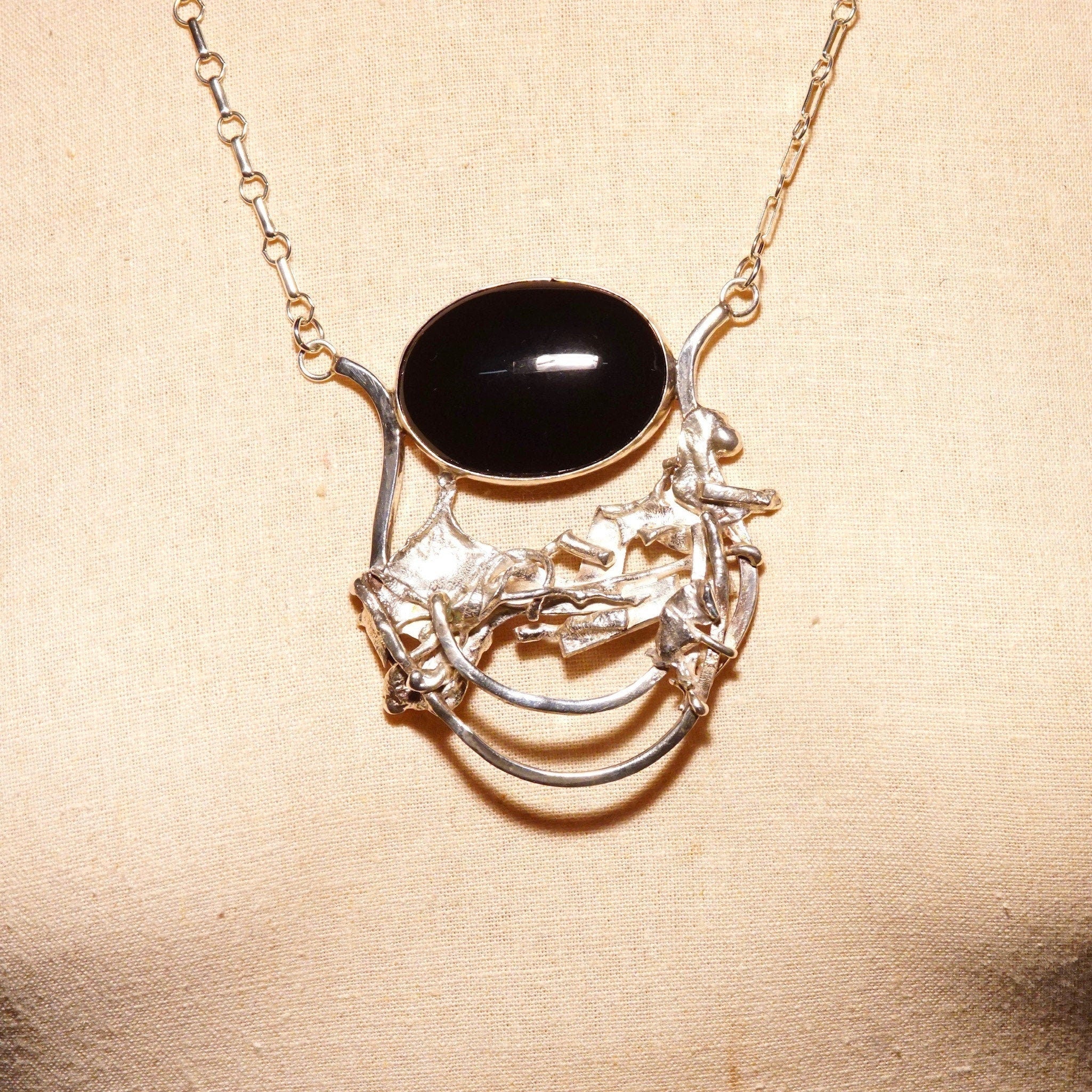 Vintage Hallmarked Toni Sterling Brutalist Black Stone Cabochon Pendant Necklace, Organic Silver Embellishments, Silver Link Chain, 30" L