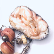 Vintage Hand Carved Burmese Jade, Bone, Soapstone, and Rhodonite Brooch, Abstract Handmade Sterling Silver Brooch with Pink Burmese Jade