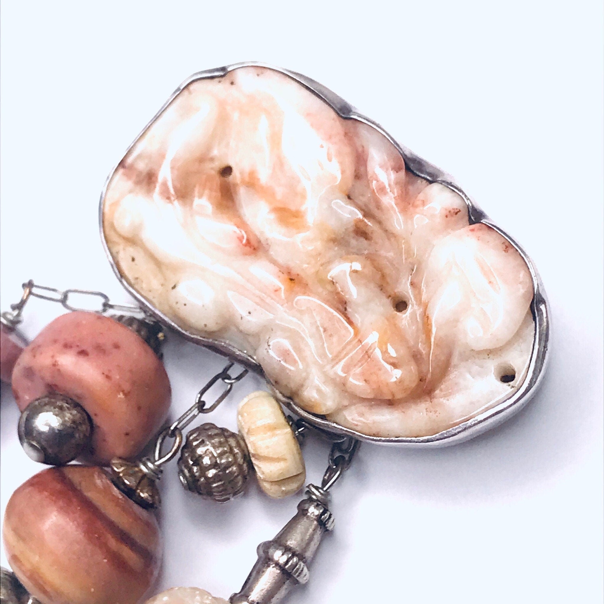 Vintage Hand Carved Burmese Jade, Bone, Soapstone, and Rhodonite Brooch, Abstract Handmade Sterling Silver Brooch with Pink Burmese Jade