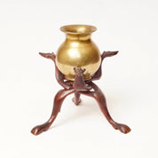 Vintage Hand-Carved Wood Cobra Stand & Brass Bowl, 3-Legged Greyhound Dog Bowl Stand, Interlocking Wooden Stand, Round Brass Vase, 7 1/4" H